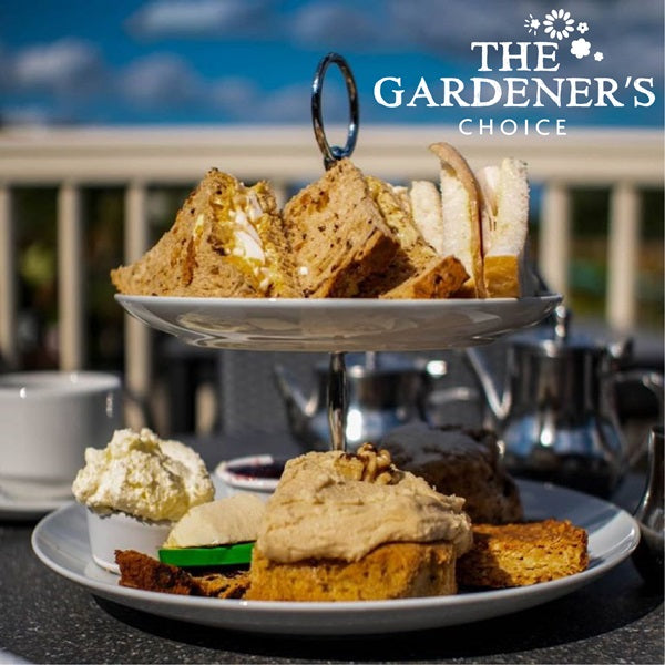 Two-tiered cake stand with assorted finger sandwiches and pastries outdoors.