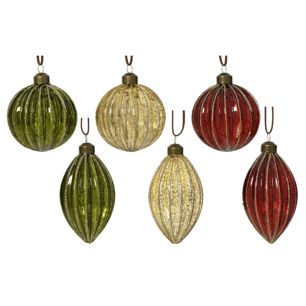 Red, Gold, Green Glass Baubles 10cm - 6 Asst