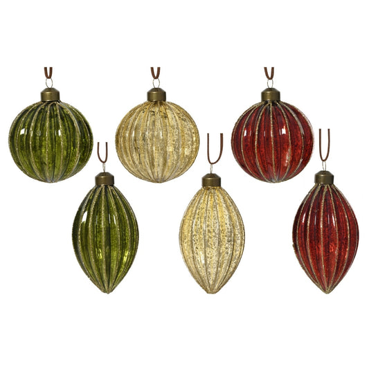 Red, Gold, Green Glass Baubles 10cm - 6 Asst