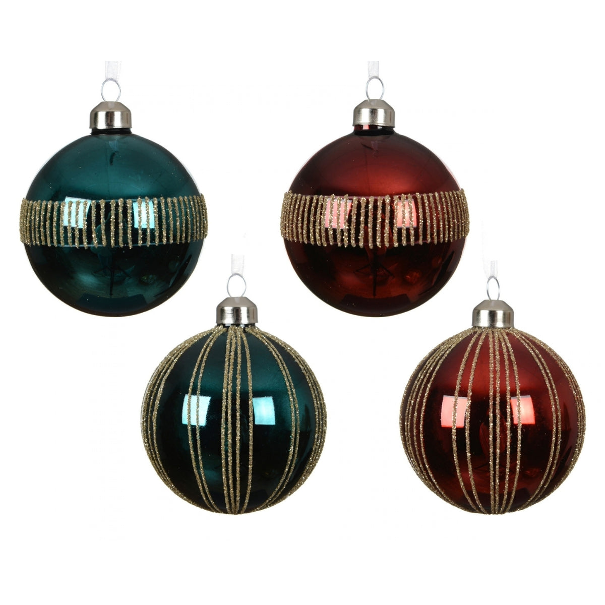 Gold Glitter Lines Glass Bauble 8cm - 4 Asst