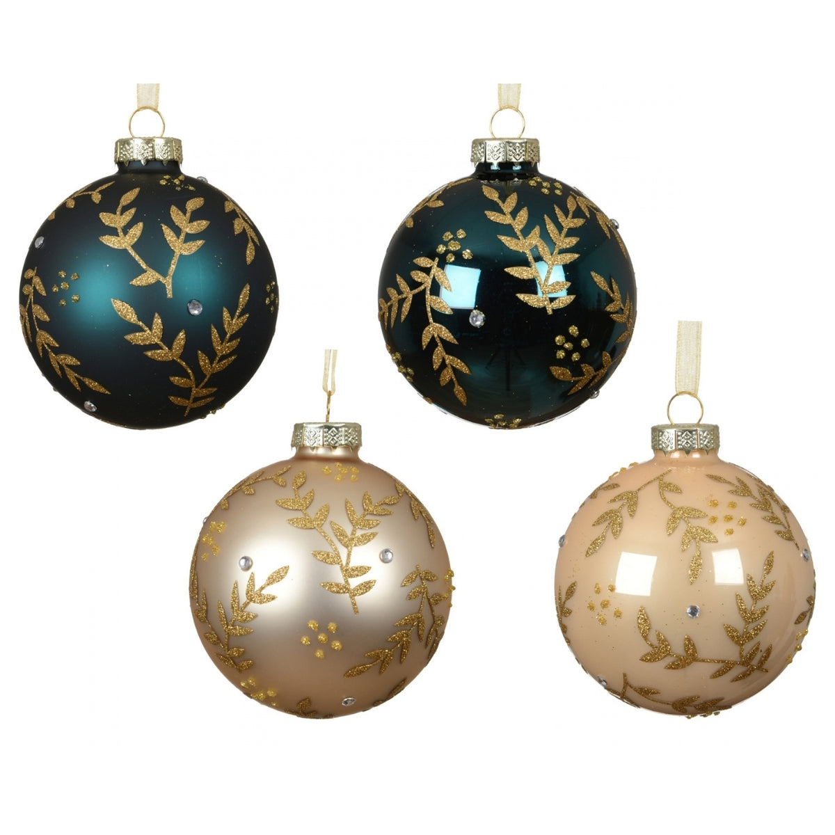 Gold Glitter Leaf Glass Bauble 8cm - 4 Asst