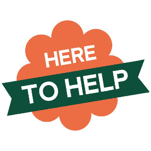 Logo with 'HERE TO HELP' text on an orange cloud-like shape with a green banner.